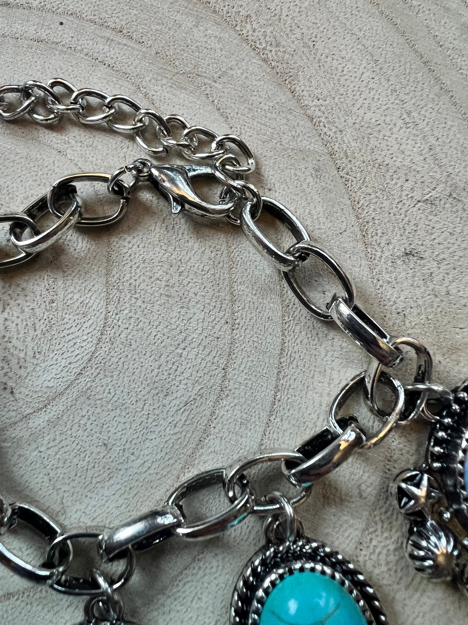 Western Rodeo Charm Bracelet — Bull Rider & Bronc Pendants with Faux Turquoise - Rooted & Reckless Co.