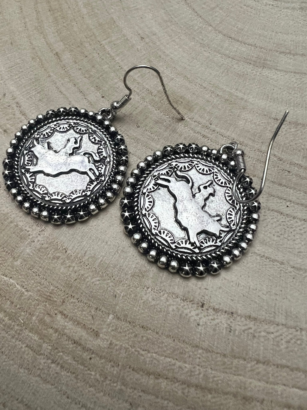 Western Rodeo Cowboy Pendant Earrings — Oxidized Silver Western Statement - Rooted & Reckless Co.