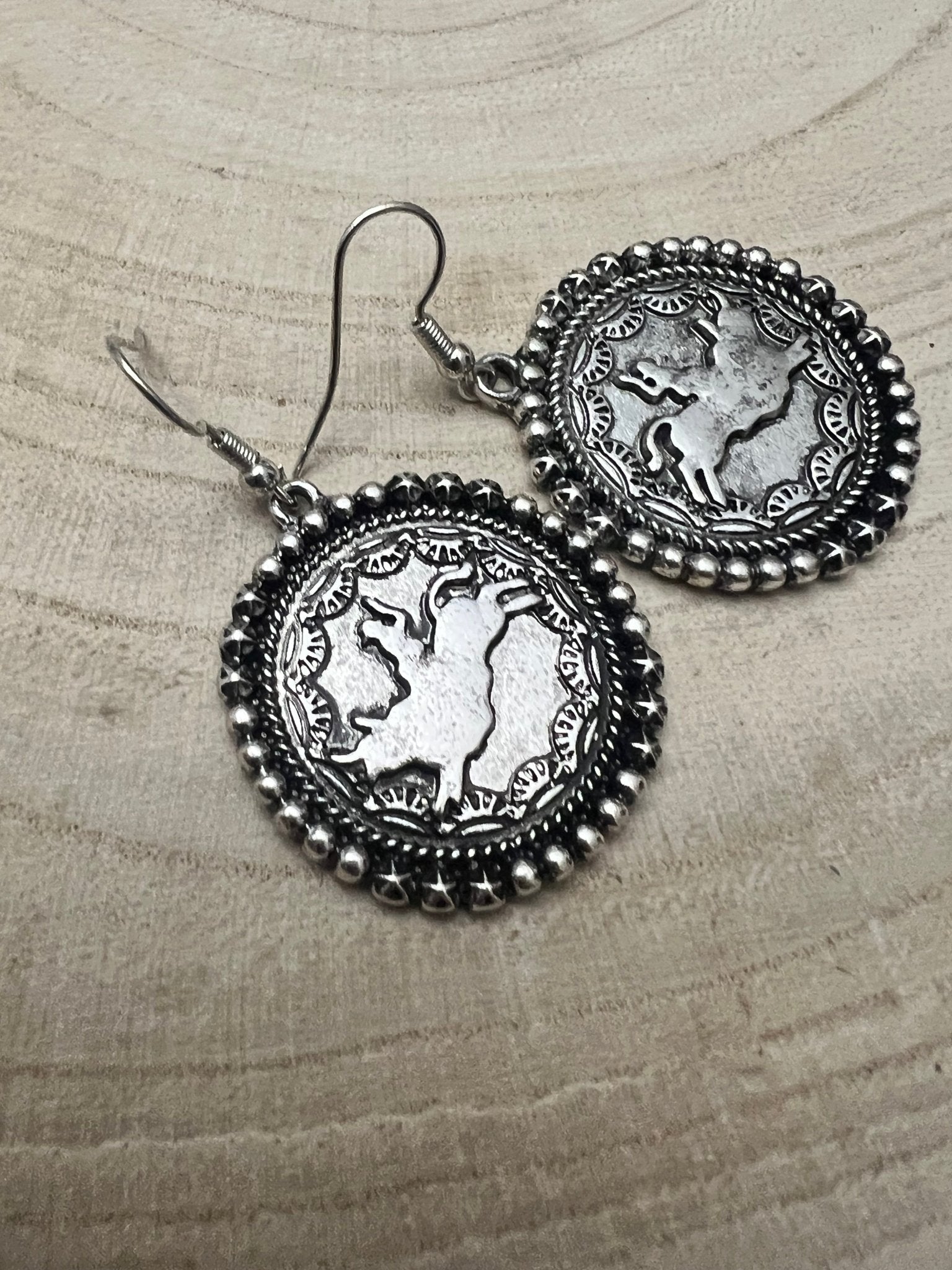 Western Rodeo Cowboy Pendant Earrings — Oxidized Silver Western Statement - Rooted & Reckless Co.