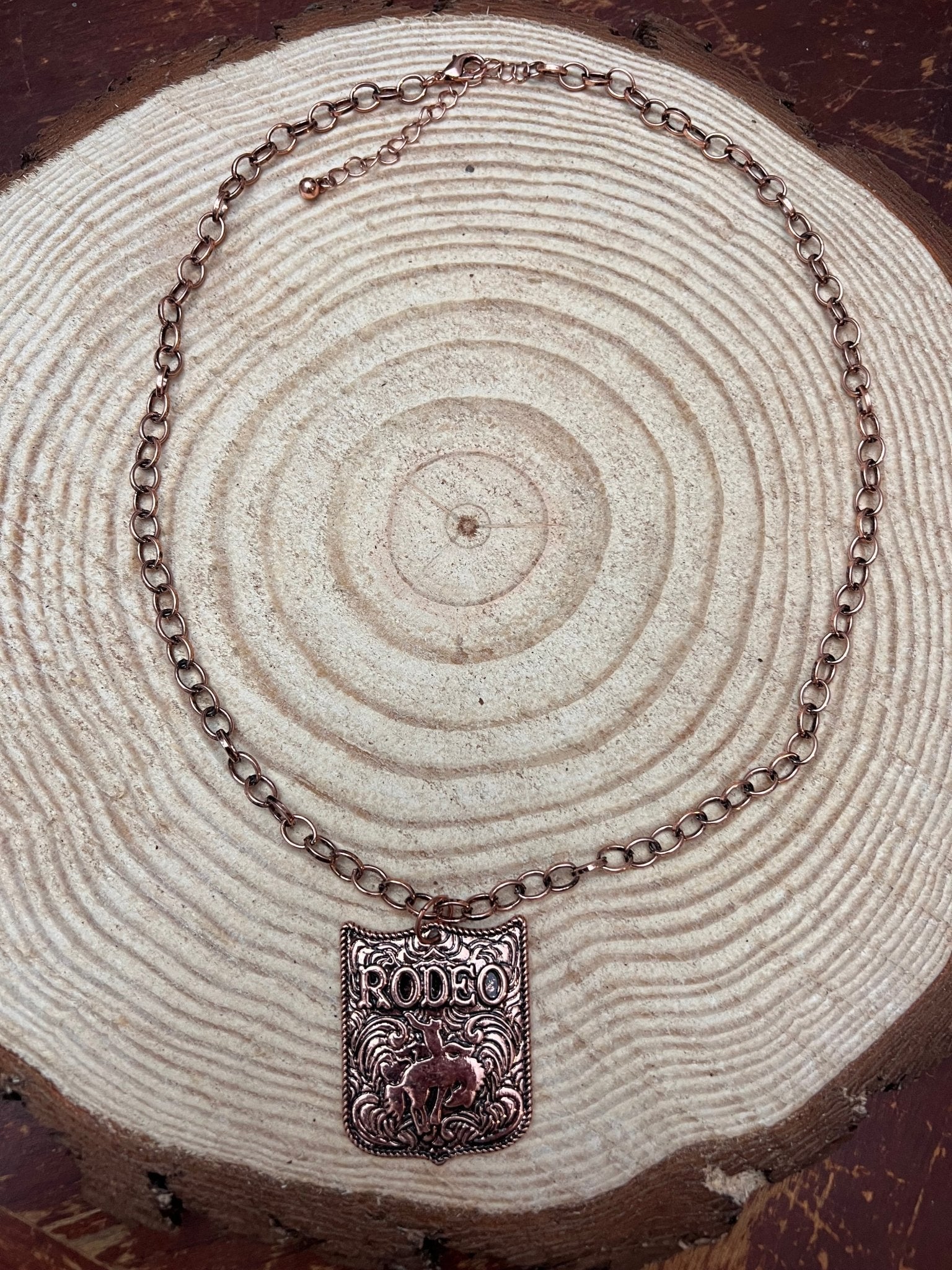 Western Rustic Brass Rodeo Pendant Necklace — 22 Inch Cowgirl Statement - Rooted & Reckless Co.