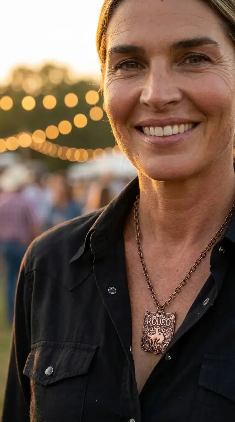Western Rustic Brass Rodeo Pendant Necklace — 22 Inch Cowgirl Statement - Rooted & Reckless Co.