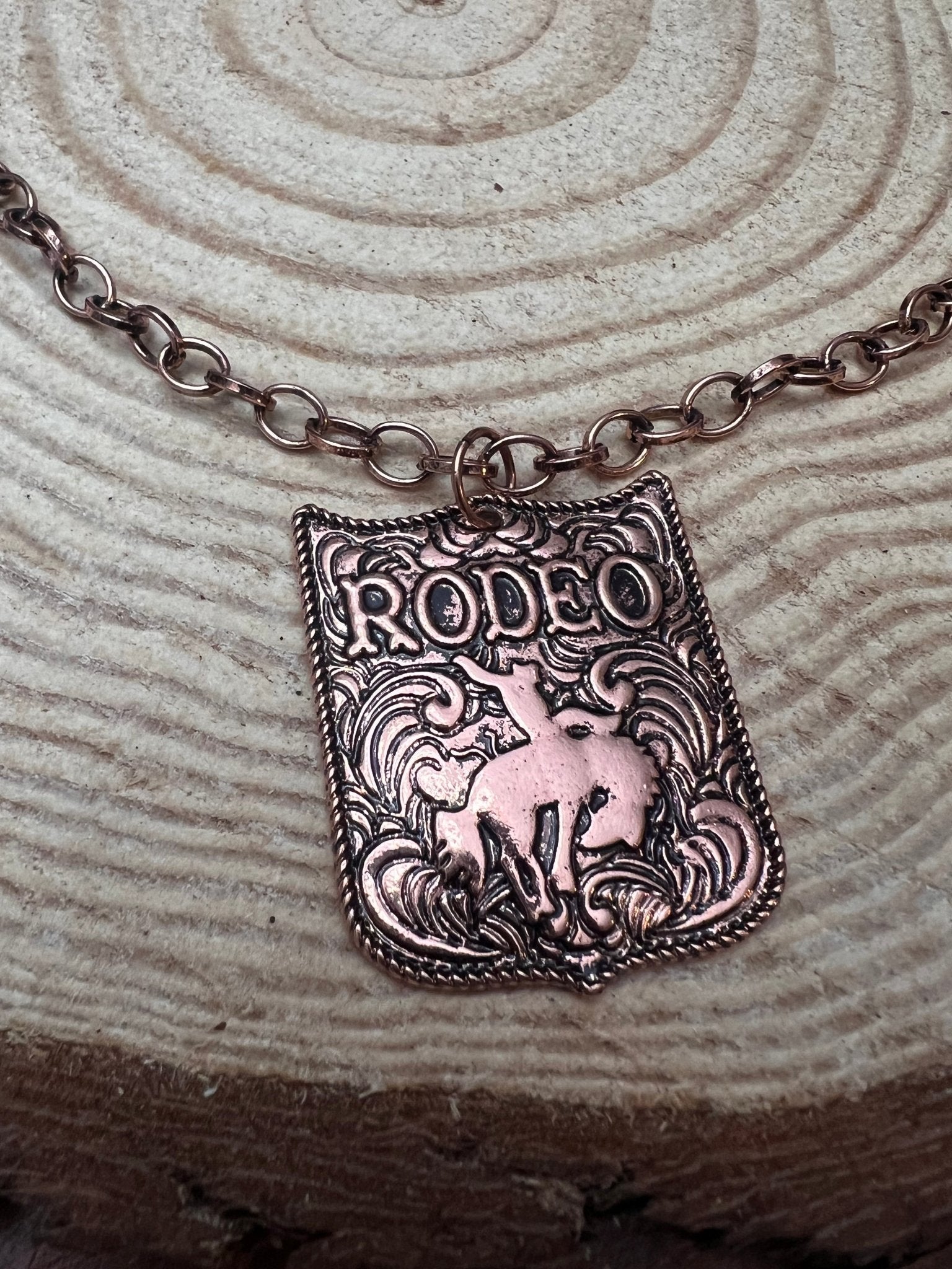 Western Rustic Brass Rodeo Pendant Necklace — 22 Inch Cowgirl Statement - Rooted & Reckless Co.