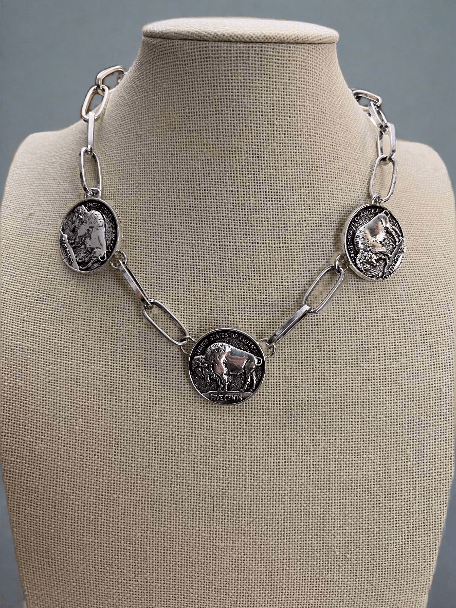 Western Rustic Buffalo Coin Choker & Earring Set — Burnished Silver Western Jewelry Duo - Rooted & Reckless Co.