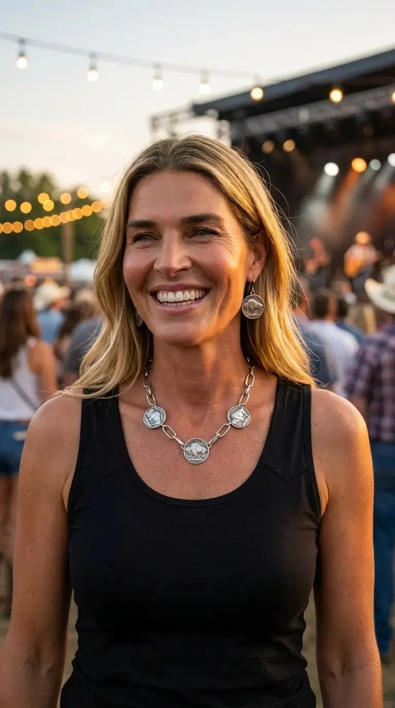Western Rustic Buffalo Coin Choker & Earring Set — Burnished Silver Western Jewelry Duo - Rooted & Reckless Co.