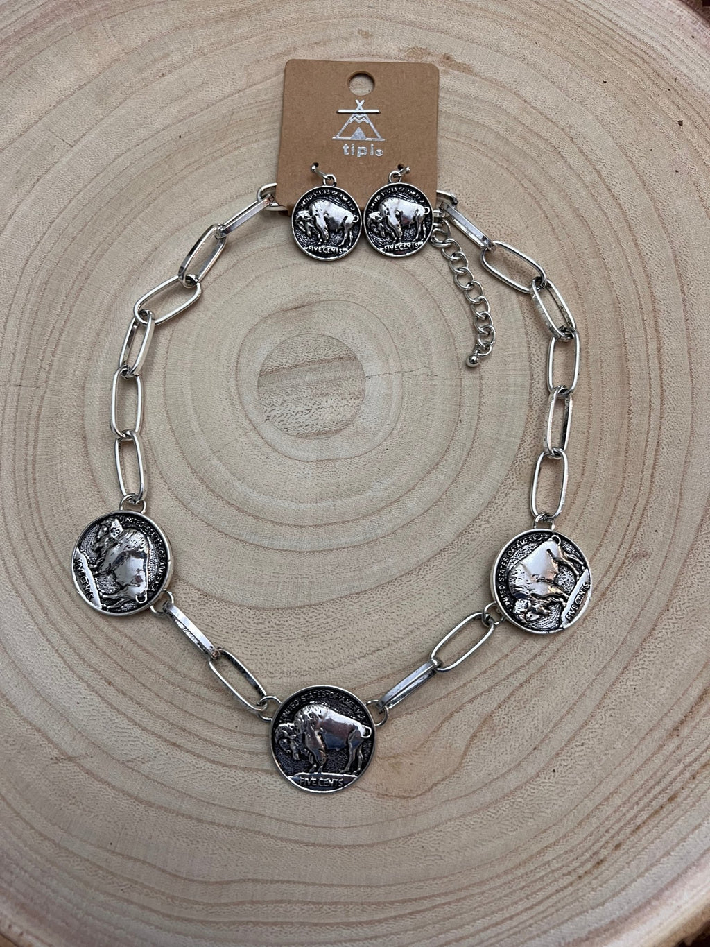 Western Rustic Buffalo Coin Choker & Earring Set — Burnished Silver Western Jewelry Duo - Rooted & Reckless Co.