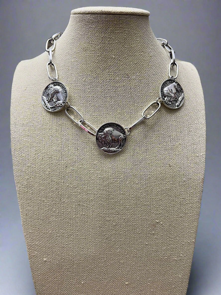 Western Rustic Buffalo Coin Choker & Earring Set — Burnished Silver Western Jewelry Duo - Rooted & Reckless Co.