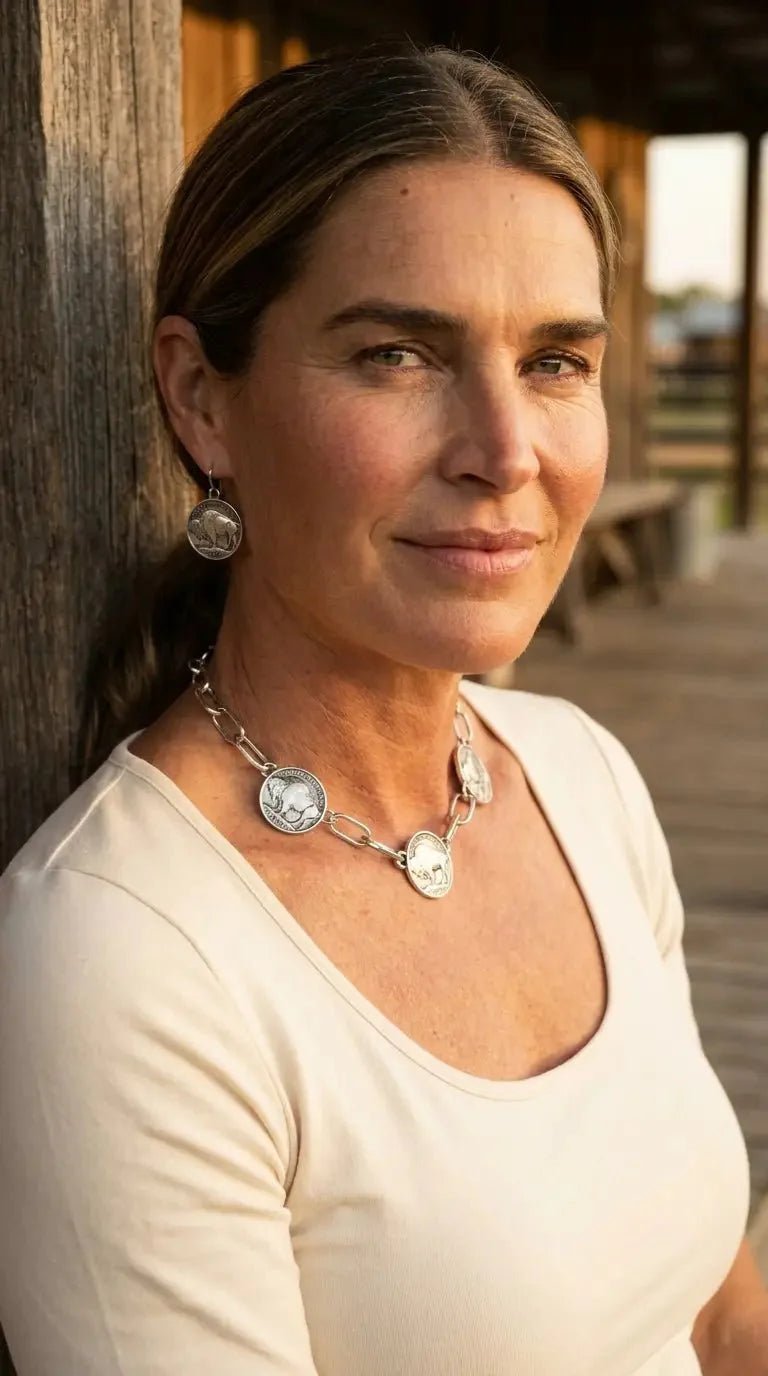 Western Rustic Buffalo Coin Choker & Earring Set — Burnished Silver Western Jewelry Duo - Rooted & Reckless Co.
