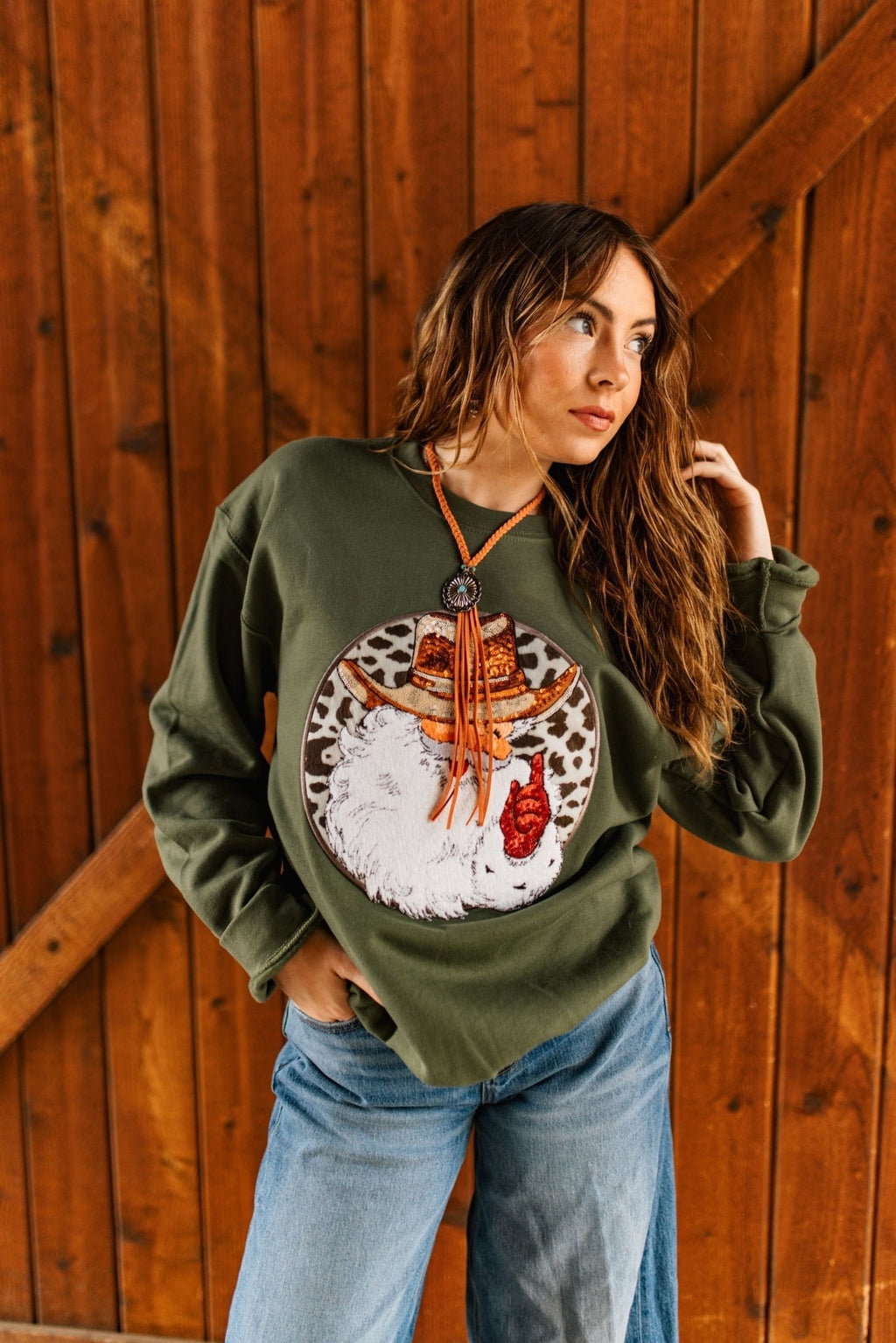 Western Santa Sequin Patch Sweatshirt - Rooted & Reckless Co.