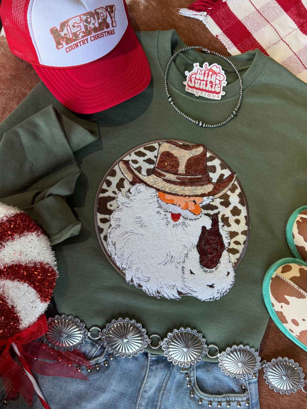 Western Santa Sequin Patch Sweatshirt - Rooted & Reckless Co.