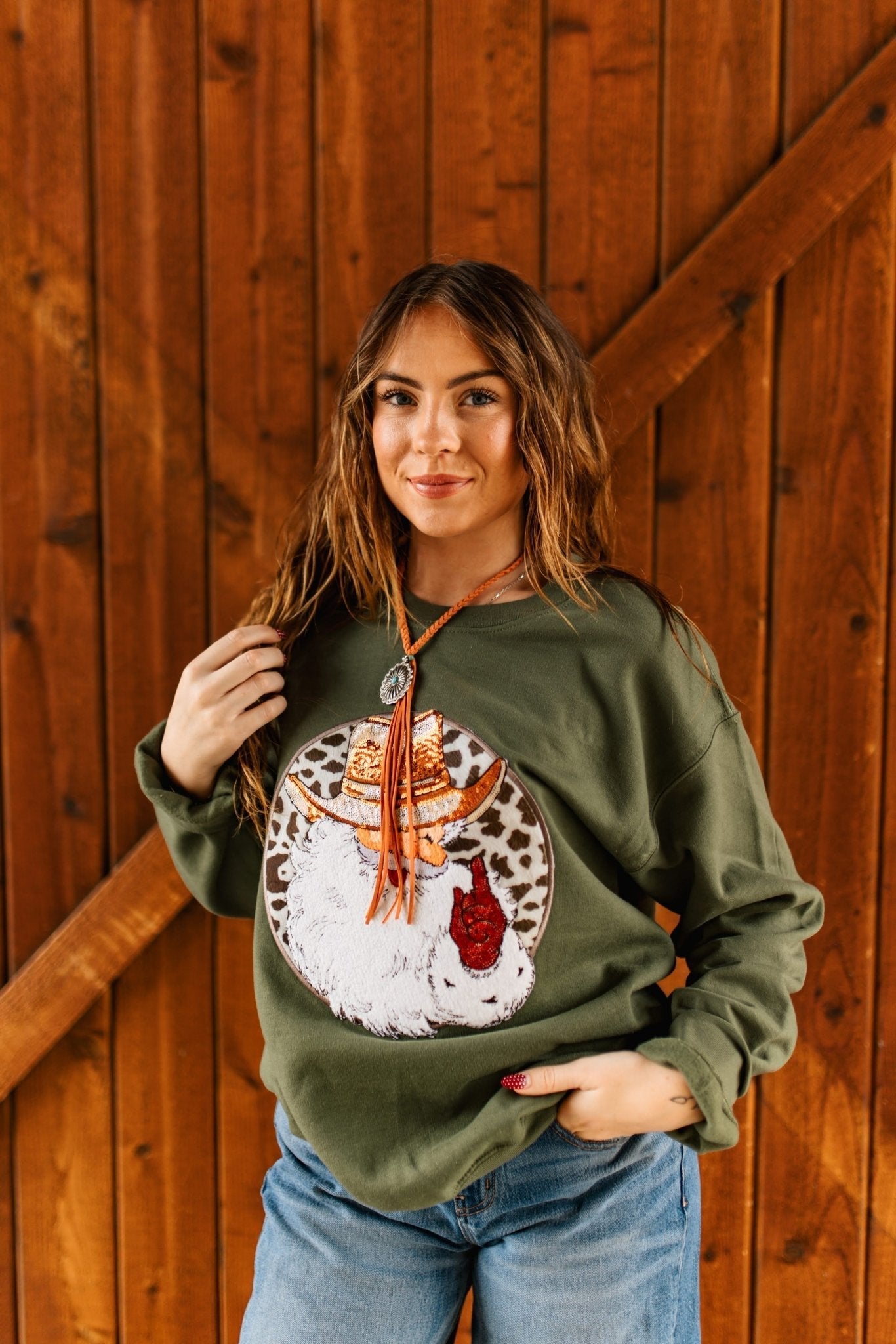 Western Santa Sequin Patch Sweatshirt - Rooted & Reckless Co.