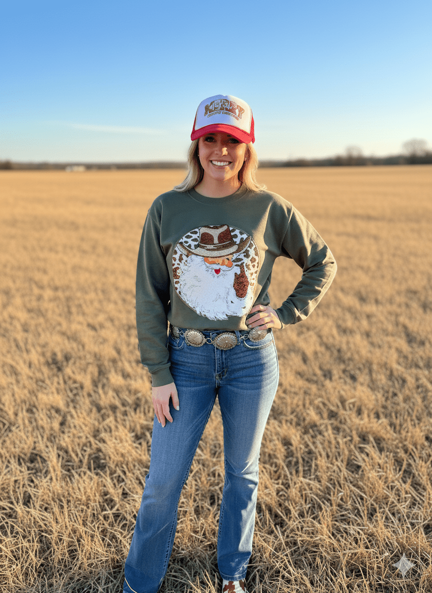 Western Santa Sequin Patch Sweatshirt - Rooted & Reckless Co.