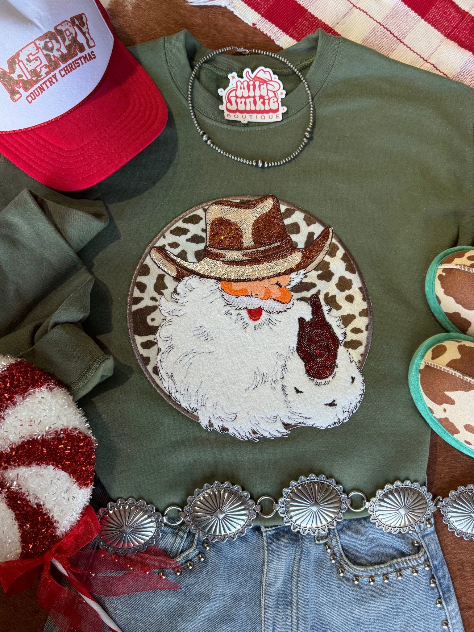 Western Santa Sequin Patch Sweatshirt - Rooted & Reckless Co.