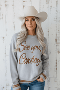 Western See You Cowboy Embroidered Stripe Cuff Sweater - Rooted & Reckless Co.