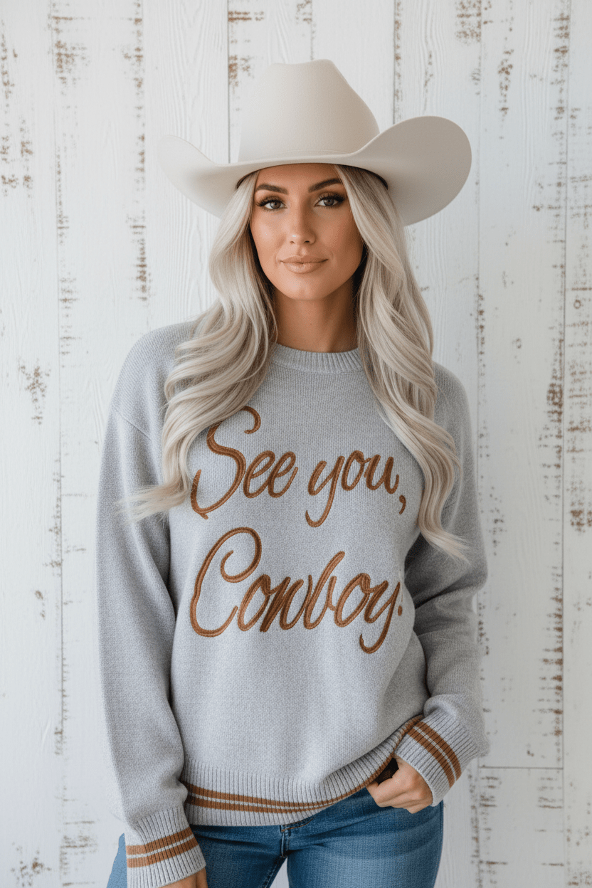 Western See You Cowboy Embroidered Stripe Cuff Sweater - Rooted & Reckless Co.