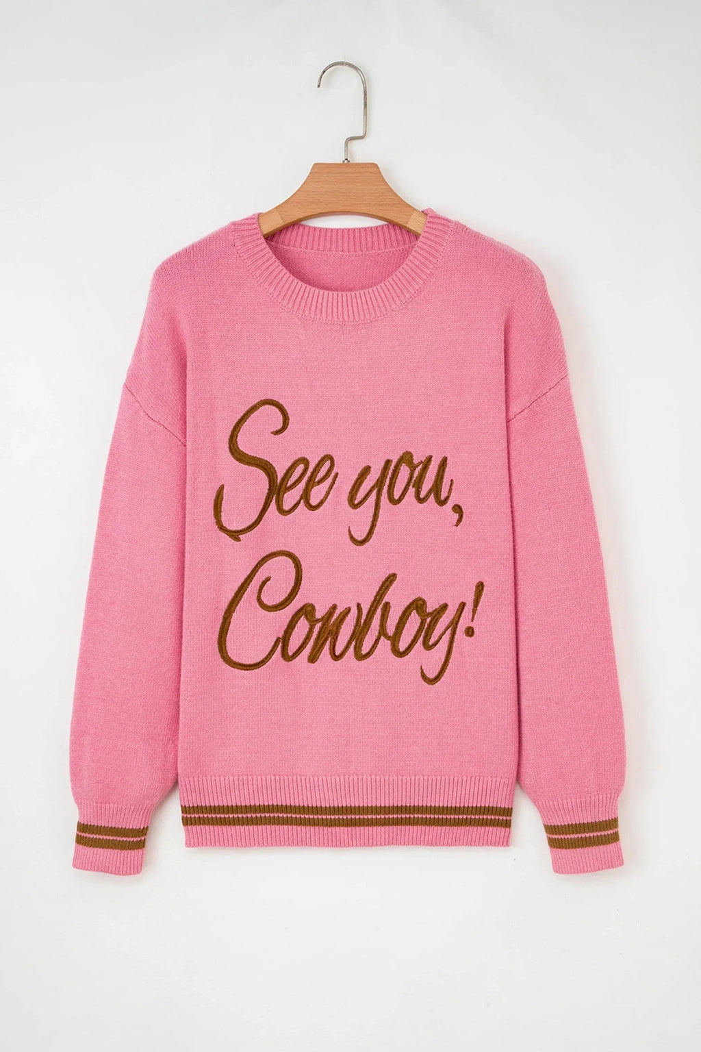 Western See You Cowboy Embroidered Stripe Cuff Sweater - Rooted & Reckless Co.