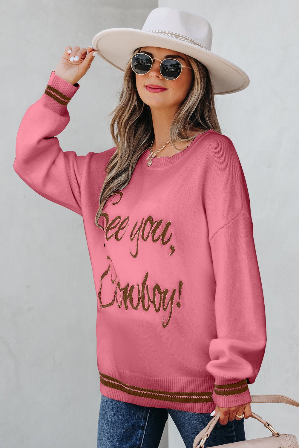 Western See You Cowboy Embroidered Stripe Cuff Sweater - Rooted & Reckless Co.