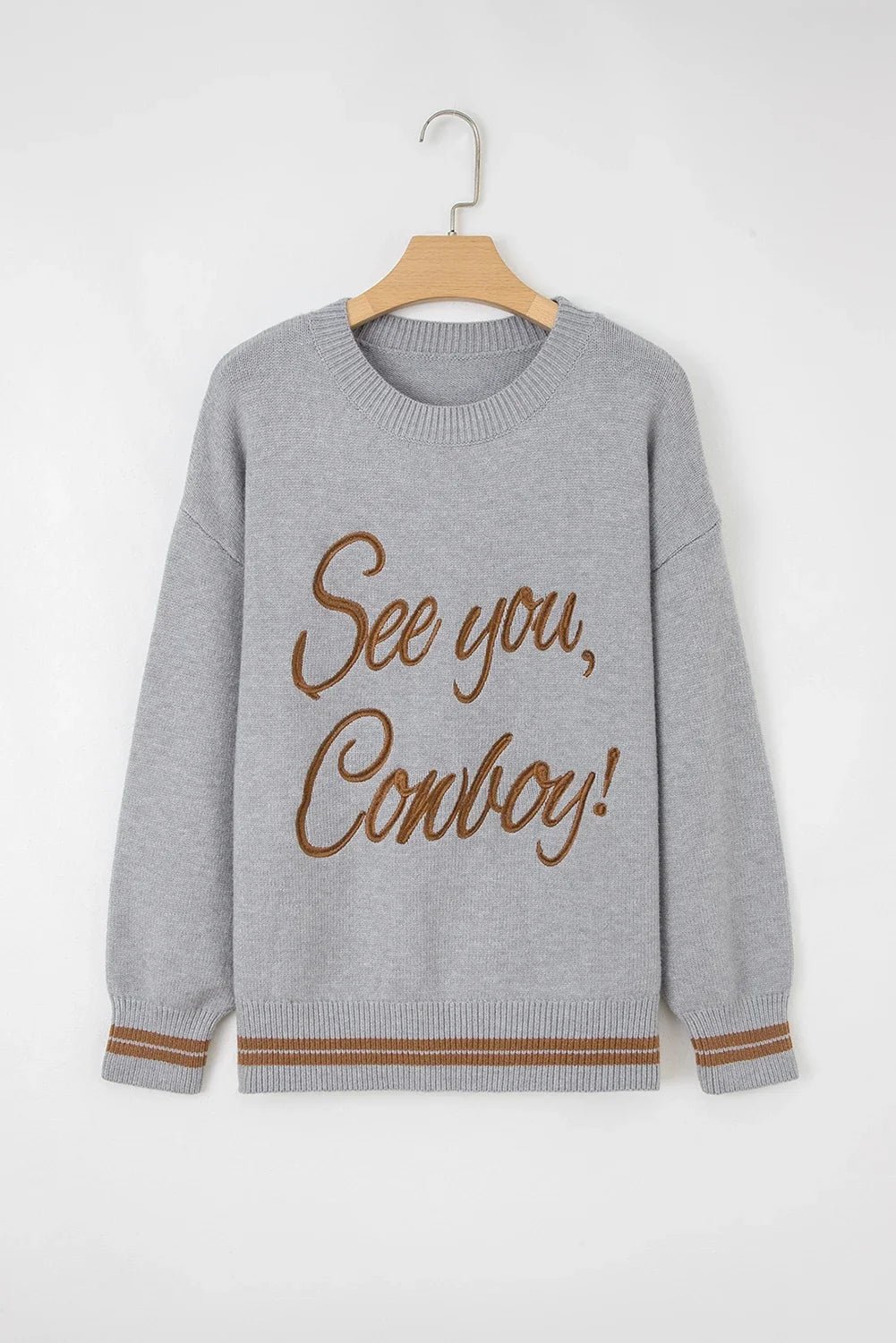 Western See You Cowboy Embroidered Stripe Cuff Sweater - Rooted & Reckless Co.