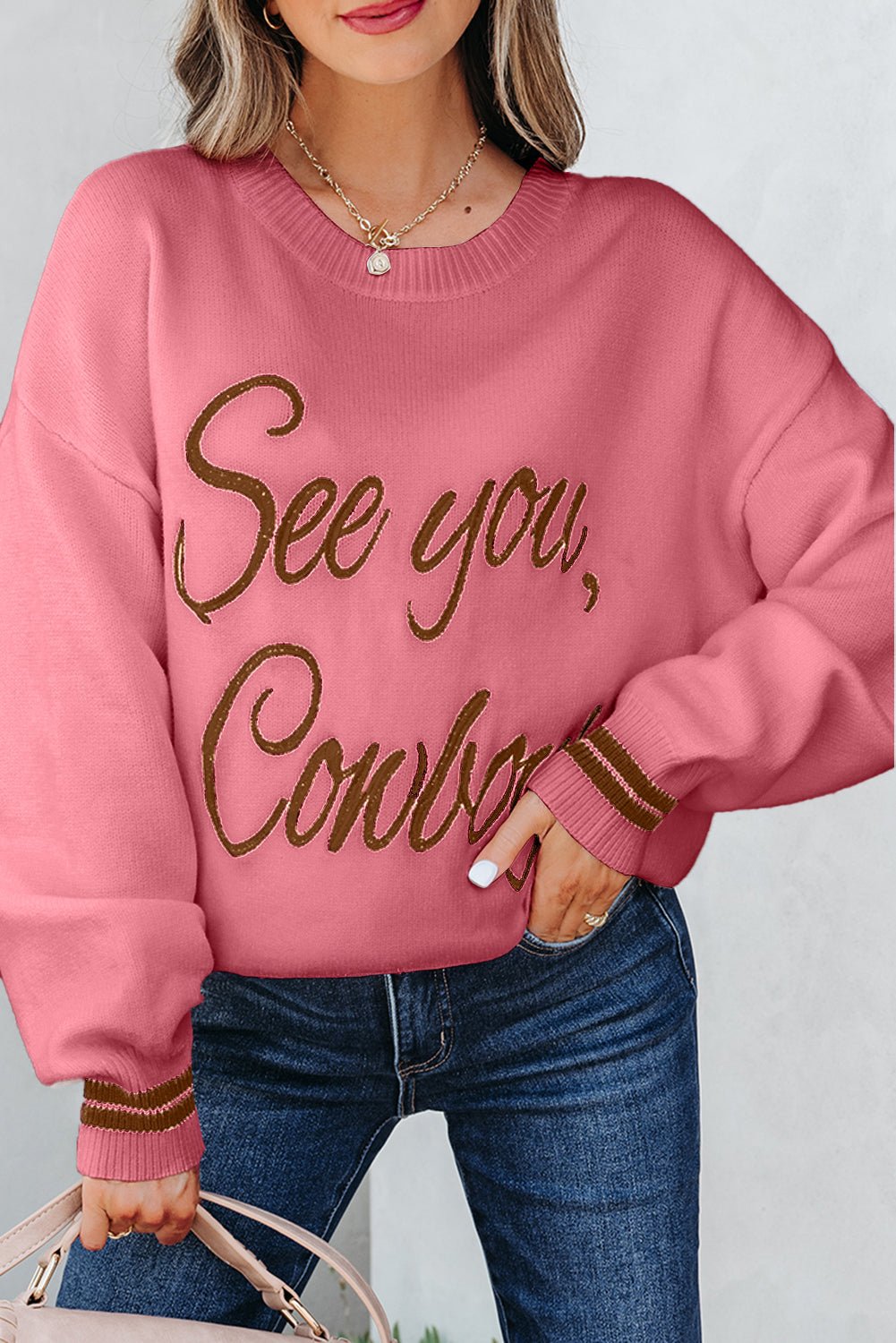 Western See You Cowboy Embroidered Stripe Cuff Sweater - Rooted & Reckless Co.