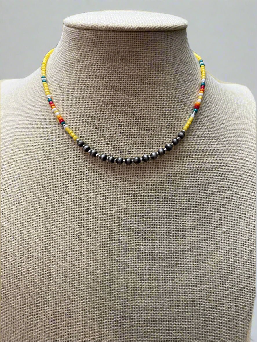 Western Seed Bead Choker with Faux Navajo Pearls — 13 Inch with Extender - Rooted & Reckless Co.