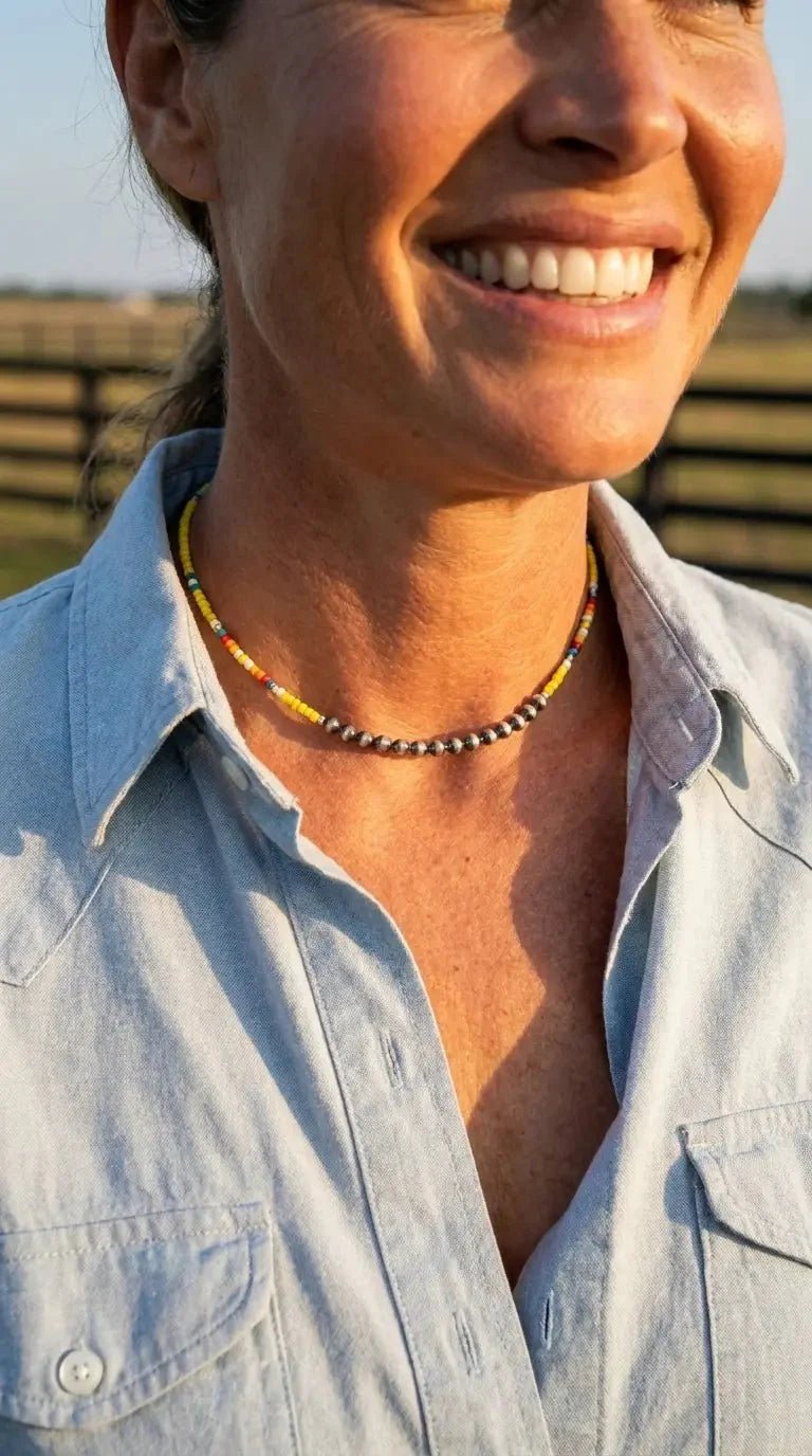 Western Seed Bead Choker with Faux Navajo Pearls — 13 Inch with Extender - Rooted & Reckless Co.