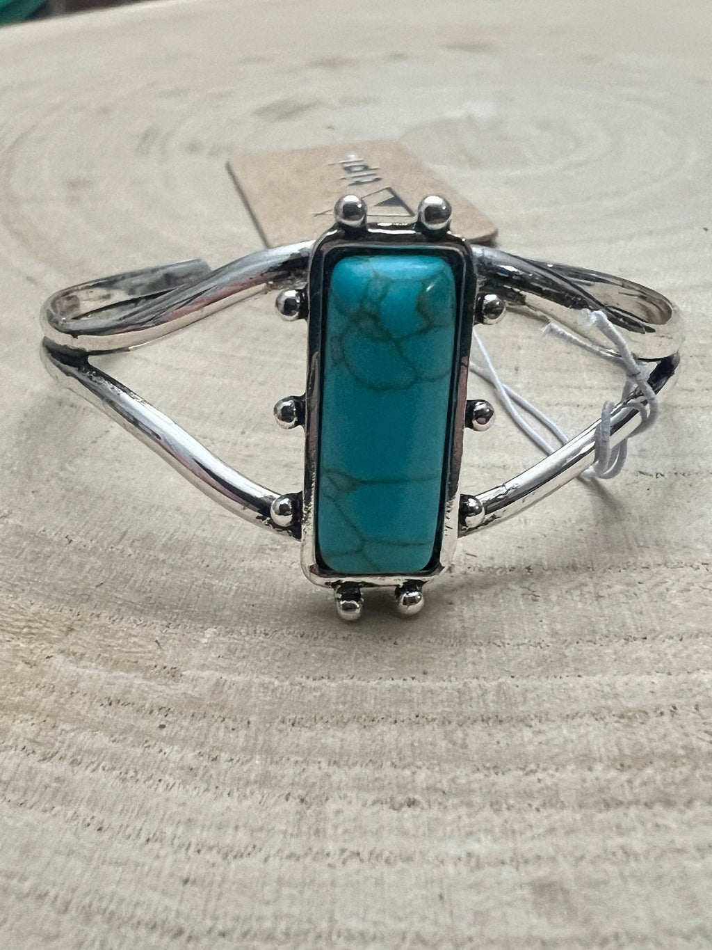 Western Silver Cuff Bracelet — 1-inch Faux Turquoise Rectangle Stone - Rooted & Reckless Co.