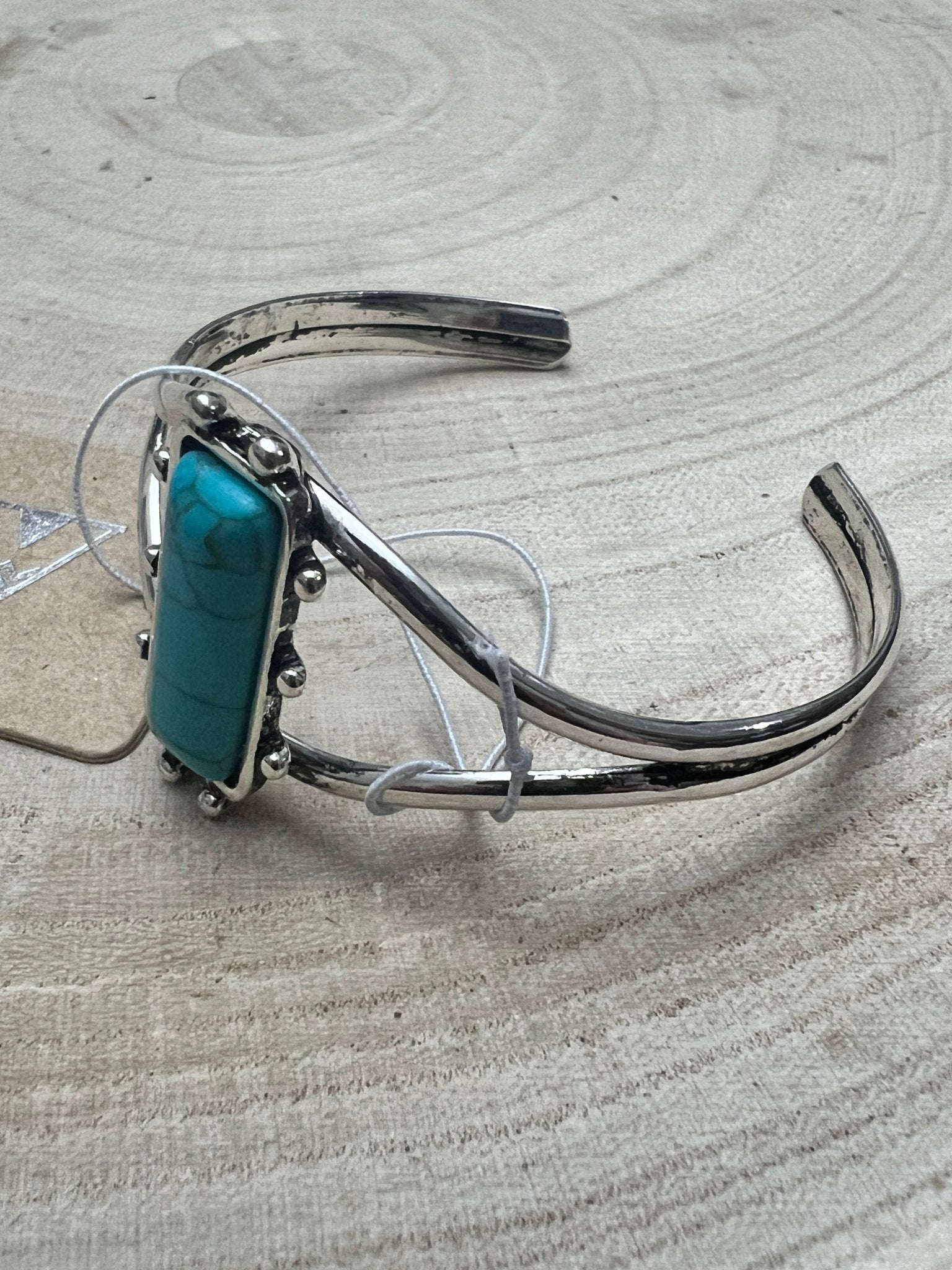 Western Silver Cuff Bracelet — 1-inch Faux Turquoise Rectangle Stone - Rooted & Reckless Co.