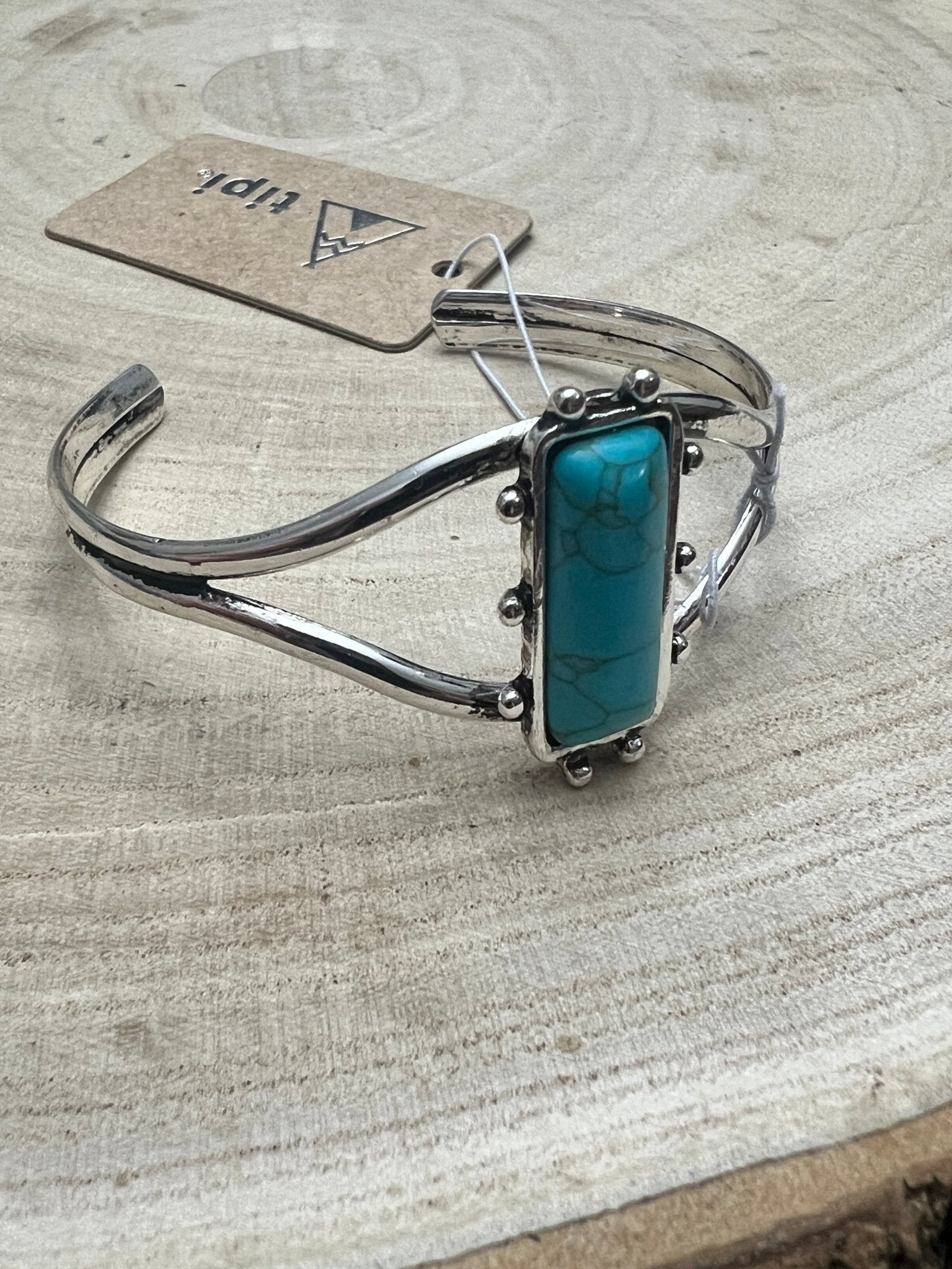 Western Silver Cuff Bracelet — 1-inch Faux Turquoise Rectangle Stone - Rooted & Reckless Co.