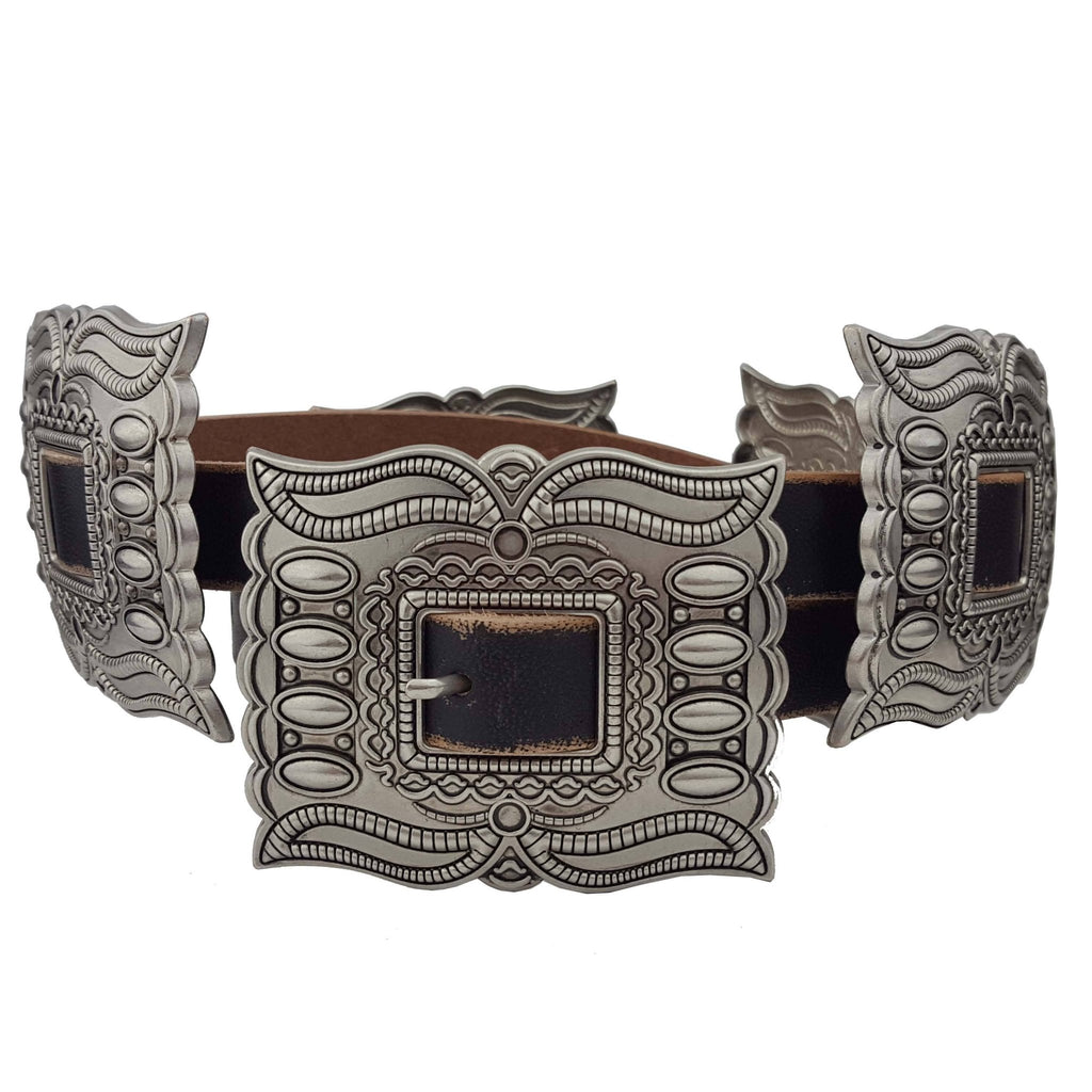 Western Silver Rectangular Concho Distressed Leather Belt — Brown or Black - Rooted & Reckless Co.