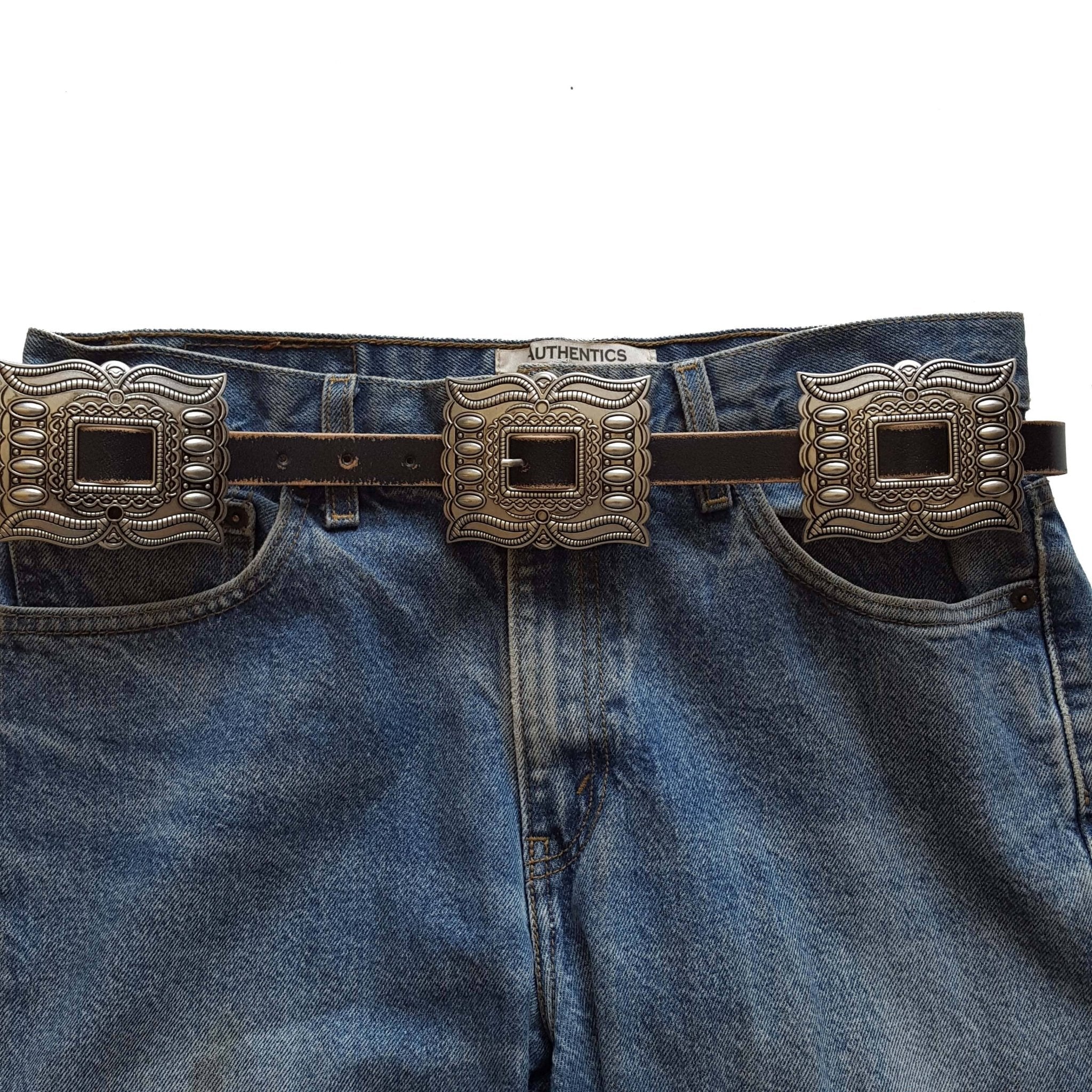 Western Silver Rectangular Concho Distressed Leather Belt — Brown or Black - Rooted & Reckless Co.