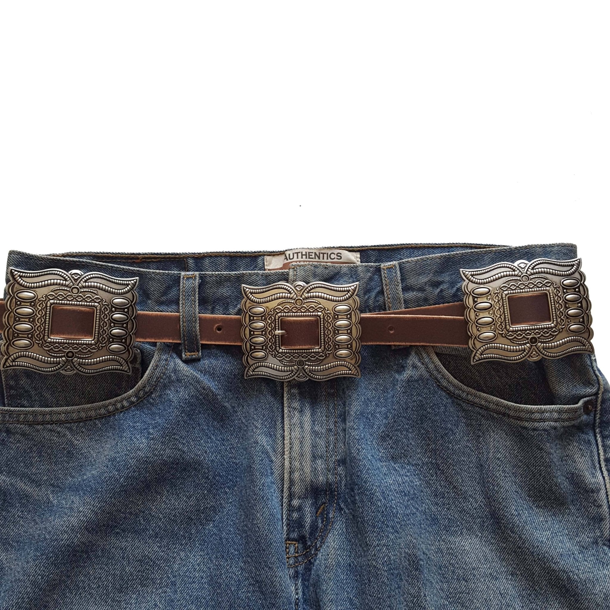 Western Silver Rectangular Concho Distressed Leather Belt — Brown or Black - Rooted & Reckless Co.
