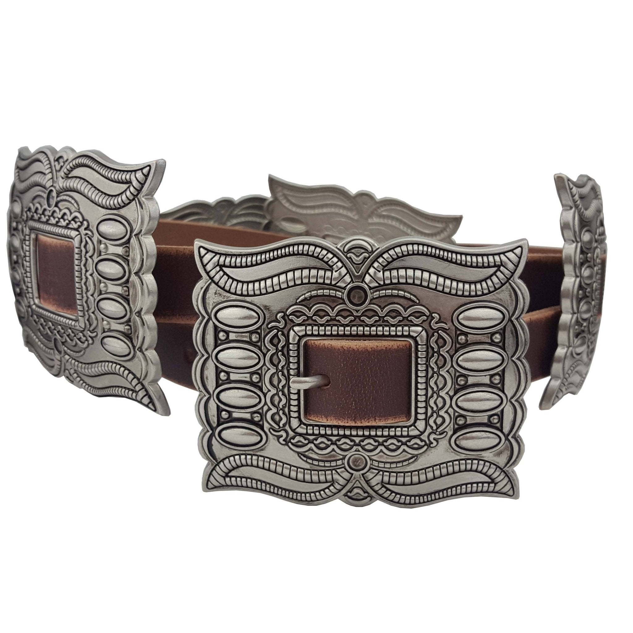 Western Silver Rectangular Concho Distressed Leather Belt — Brown or Black - Rooted & Reckless Co.