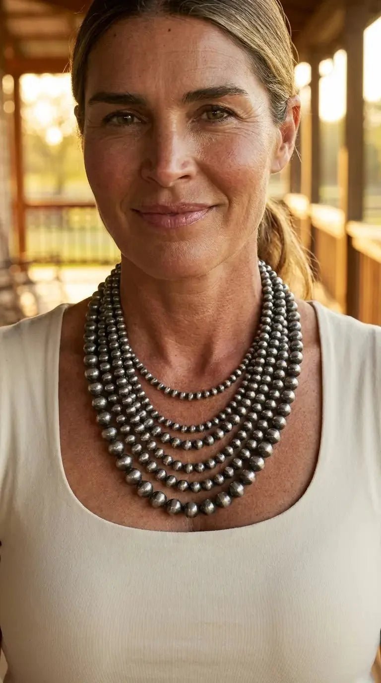 Western Six-Row Faux Sterling Pearl Statement Necklace — Single-Clasp Layered Set - Rooted & Reckless Co.