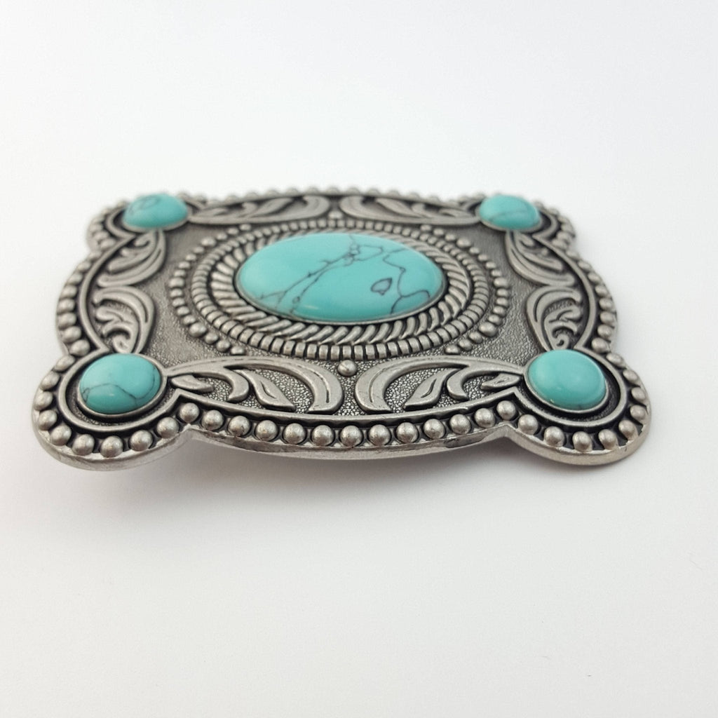 "Western Skies" Faux Turquoise Belt Buckle — Dark Antique Silver Finish (Buckle Only) - Rooted & Reckless Co.