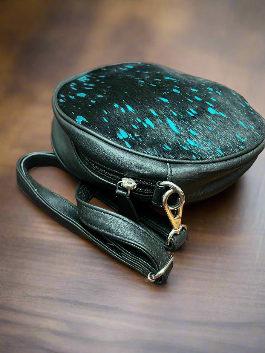 Western Small Canteen Crossbody Bag — Black & Turquoise Metallic Cowhide (9" Round) - Rooted & Reckless Co.