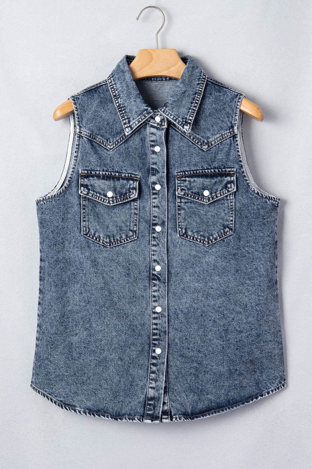 Western Solid Denim Buttoned Pocket Sleeveless Vest - Rooted & Reckless Co.