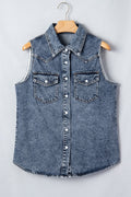 Western Solid Denim Buttoned Pocket Sleeveless Vest - Rooted & Reckless Co.