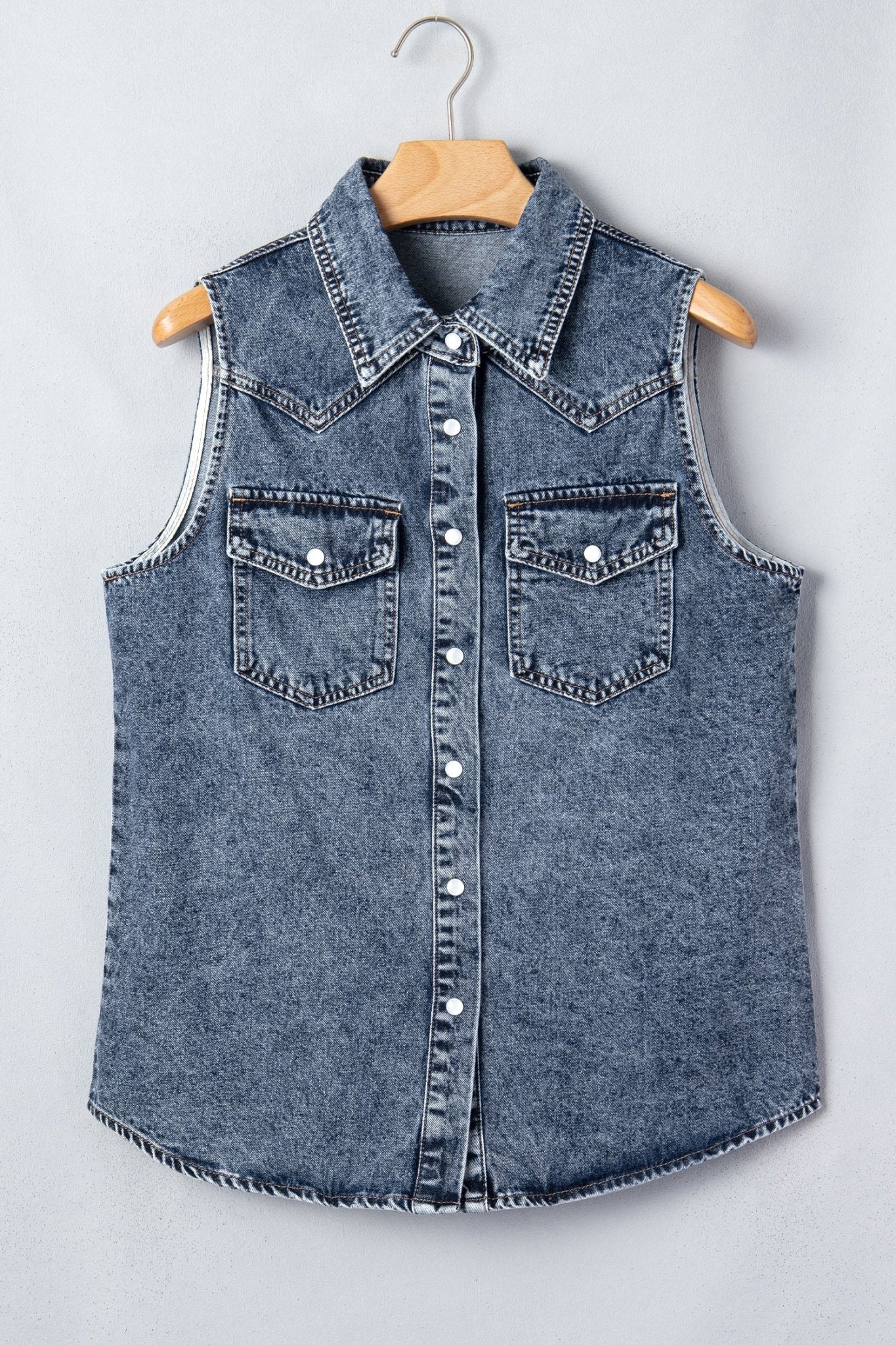Western Solid Denim Buttoned Pocket Sleeveless Vest - Rooted & Reckless Co.