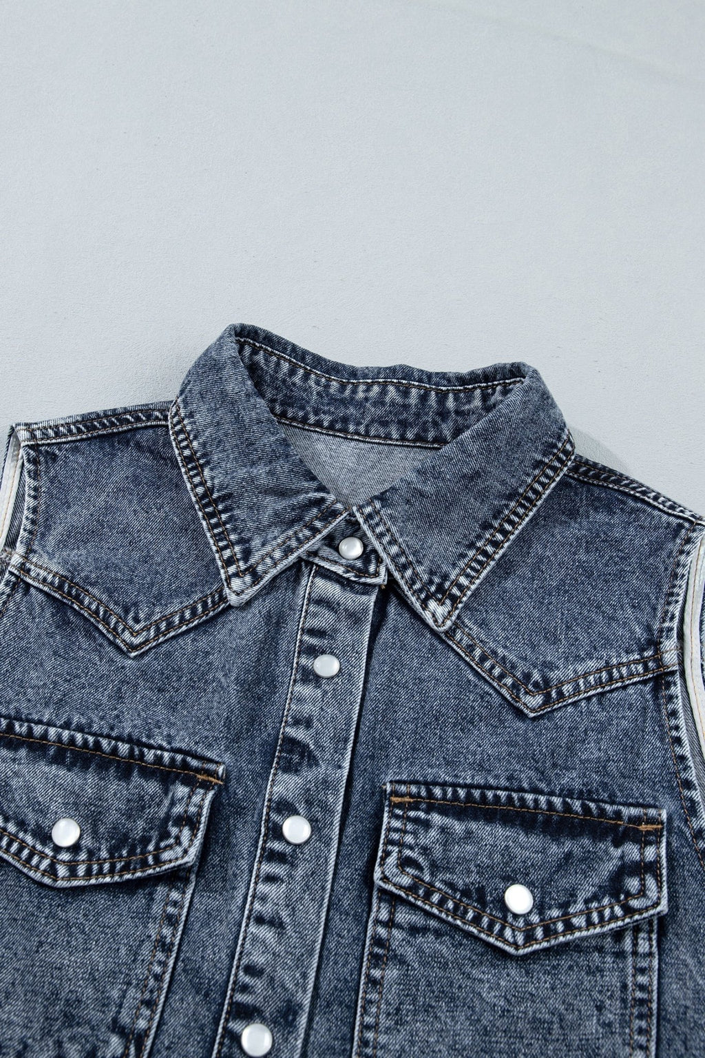 Western Solid Denim Buttoned Pocket Sleeveless Vest - Rooted & Reckless Co.