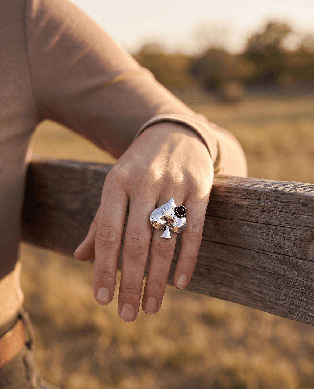 Western Spade Adjustable Cuff Ring with Faux Onyx — Playing Card Hand Statement - Rooted & Reckless Co.