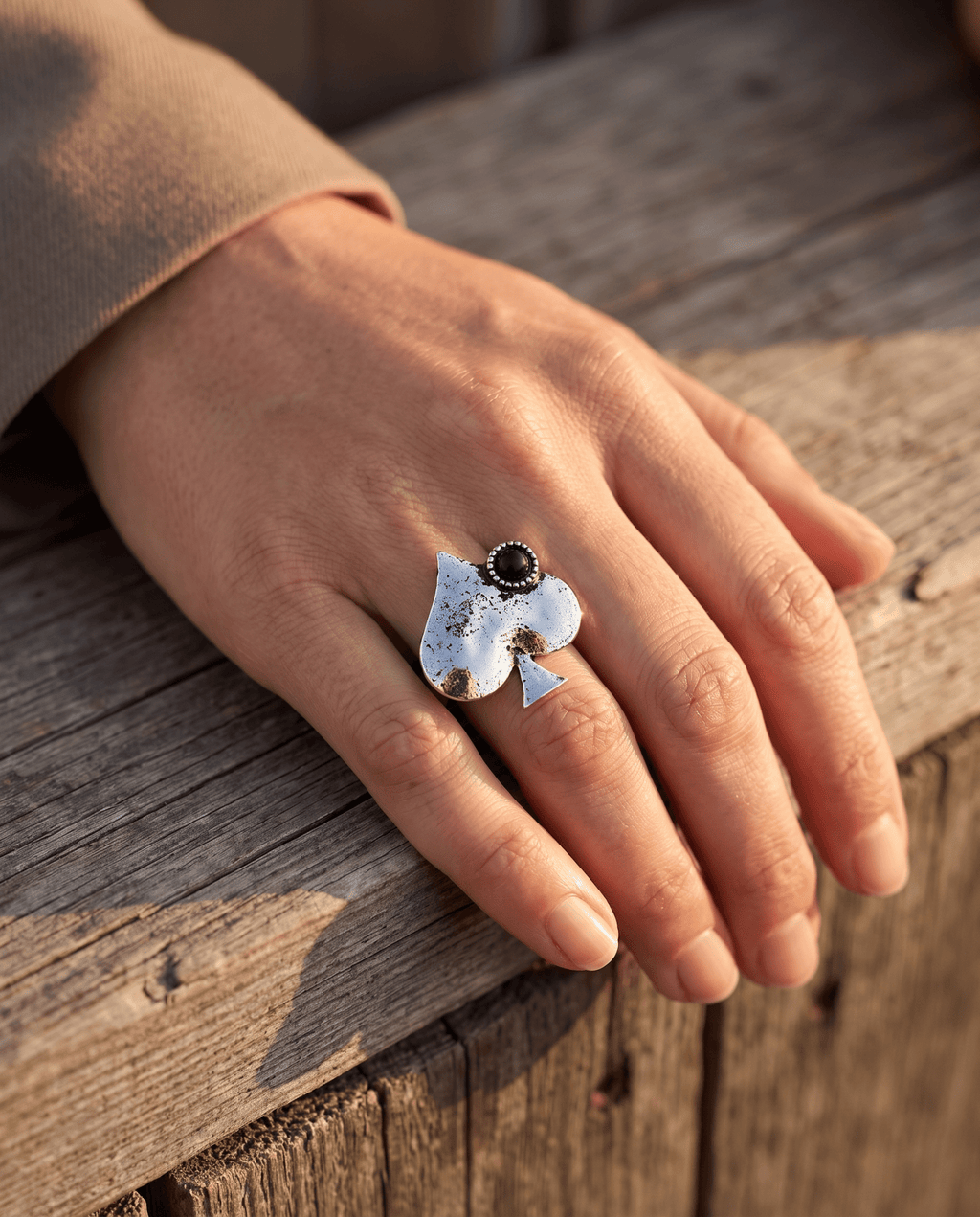 Western Spade Adjustable Cuff Ring with Faux Onyx — Playing Card Hand Statement - Rooted & Reckless Co.