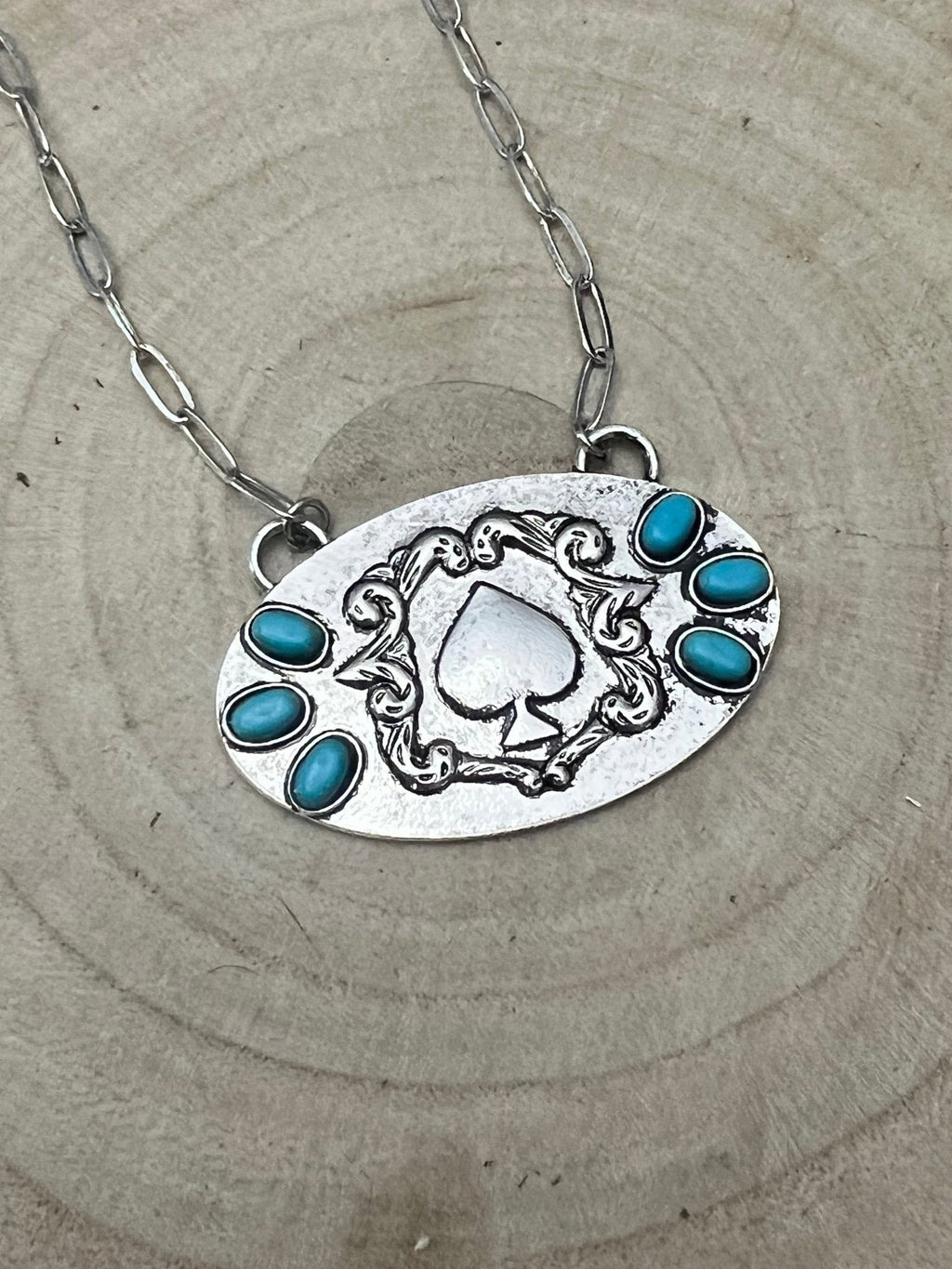 Western Spade Pendant Necklace with Faux Turquoise — 18 Inch Silver-Tone Statement - Rooted & Reckless Co.