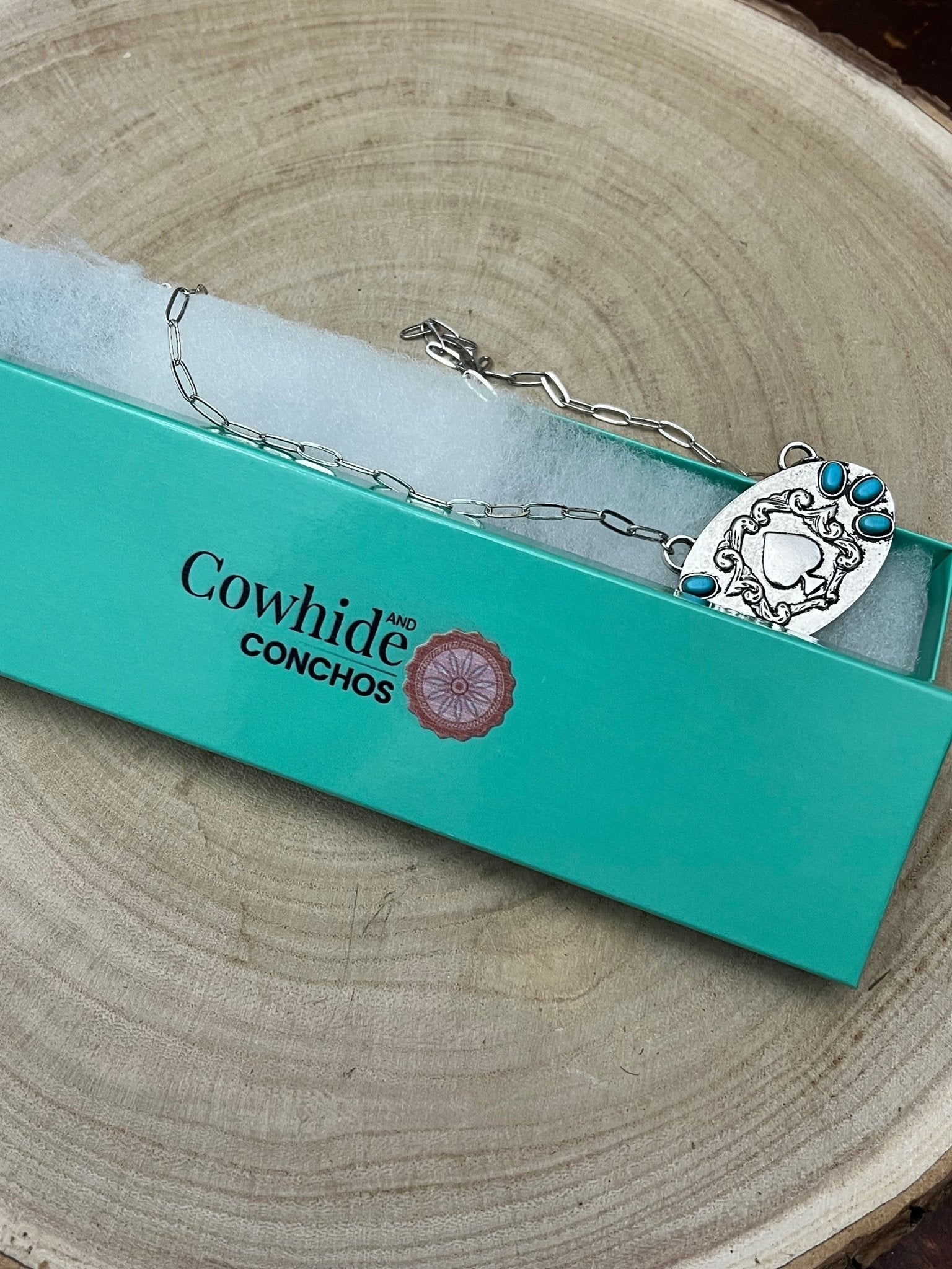 Western Spade Pendant Necklace with Faux Turquoise — 18 Inch Silver-Tone Statement - Rooted & Reckless Co.