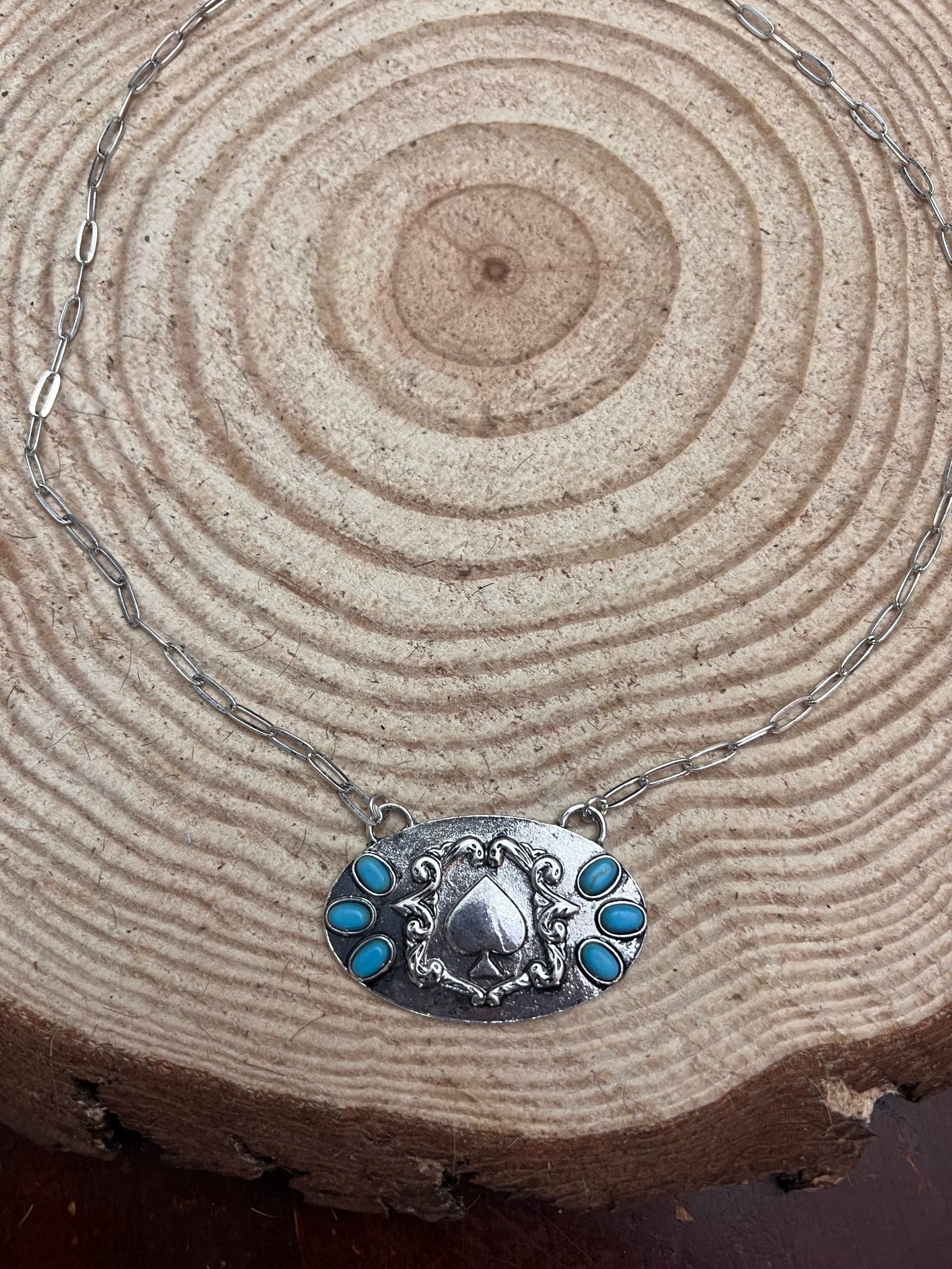 Western Spade Pendant Necklace with Faux Turquoise — 18 Inch Silver-Tone Statement - Rooted & Reckless Co.