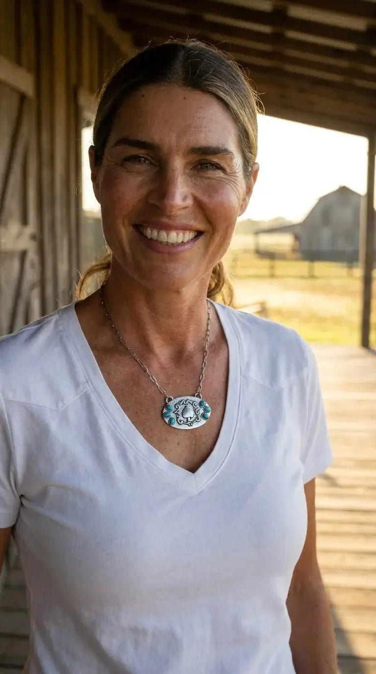 Western Spade Pendant Necklace with Faux Turquoise — 18 Inch Silver-Tone Statement - Rooted & Reckless Co.