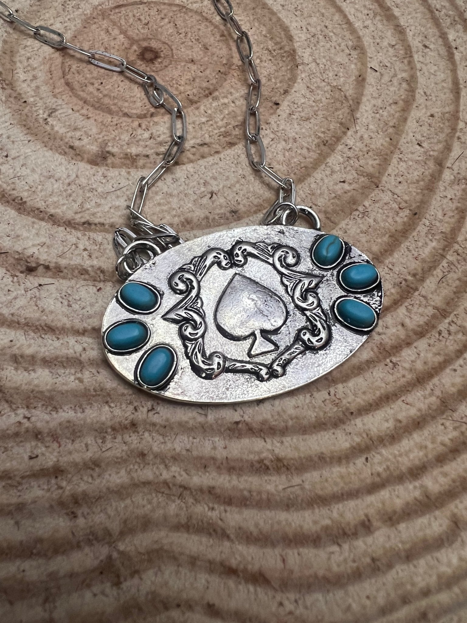 Western Spade Pendant Necklace with Faux Turquoise — 18 Inch Silver-Tone Statement - Rooted & Reckless Co.