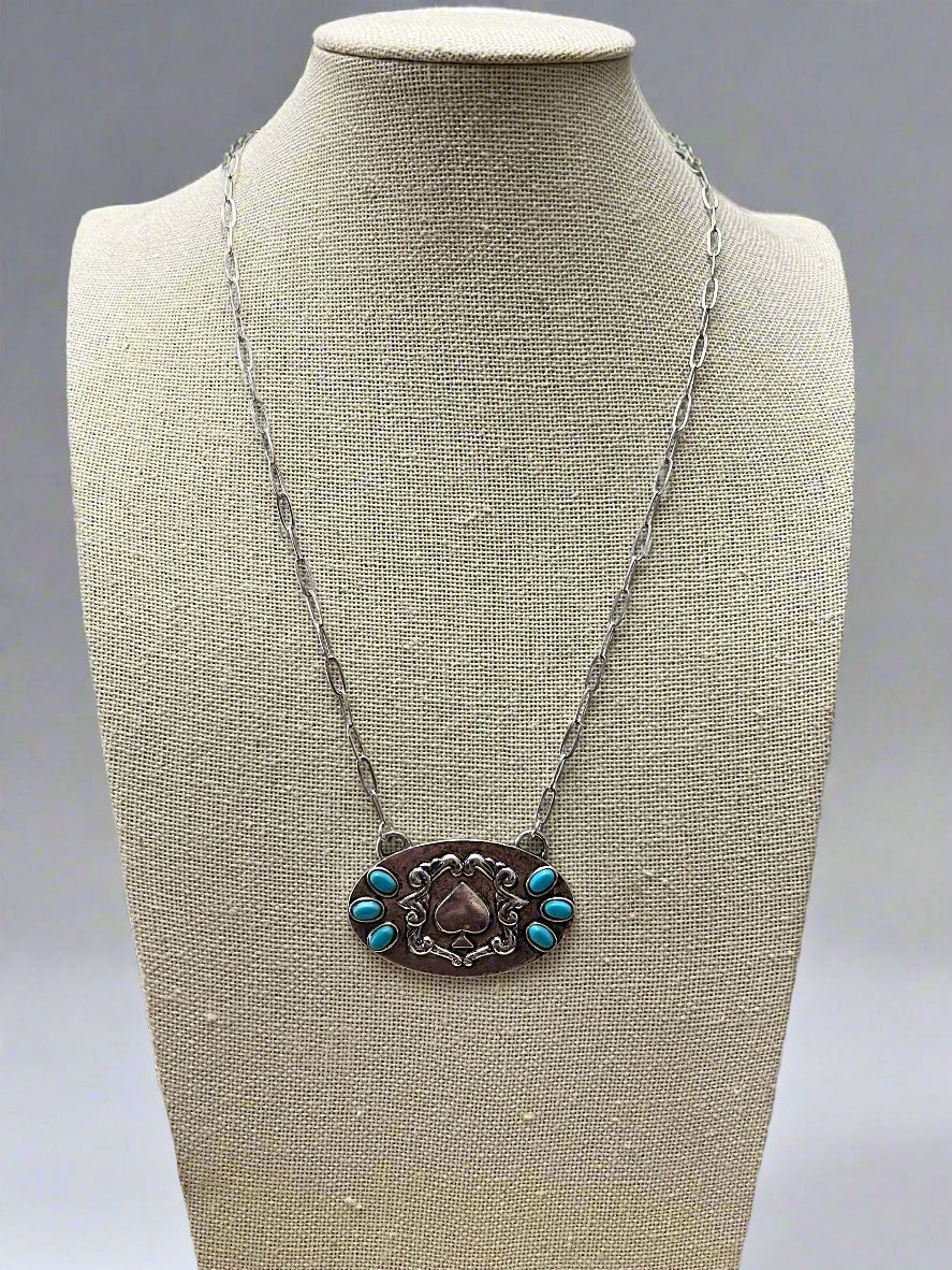 Western Spade Pendant Necklace with Faux Turquoise — 18 Inch Silver-Tone Statement - Rooted & Reckless Co.