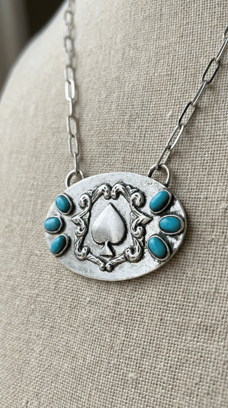 Western Spade Pendant Necklace with Faux Turquoise — 18 Inch Silver-Tone Statement - Rooted & Reckless Co.