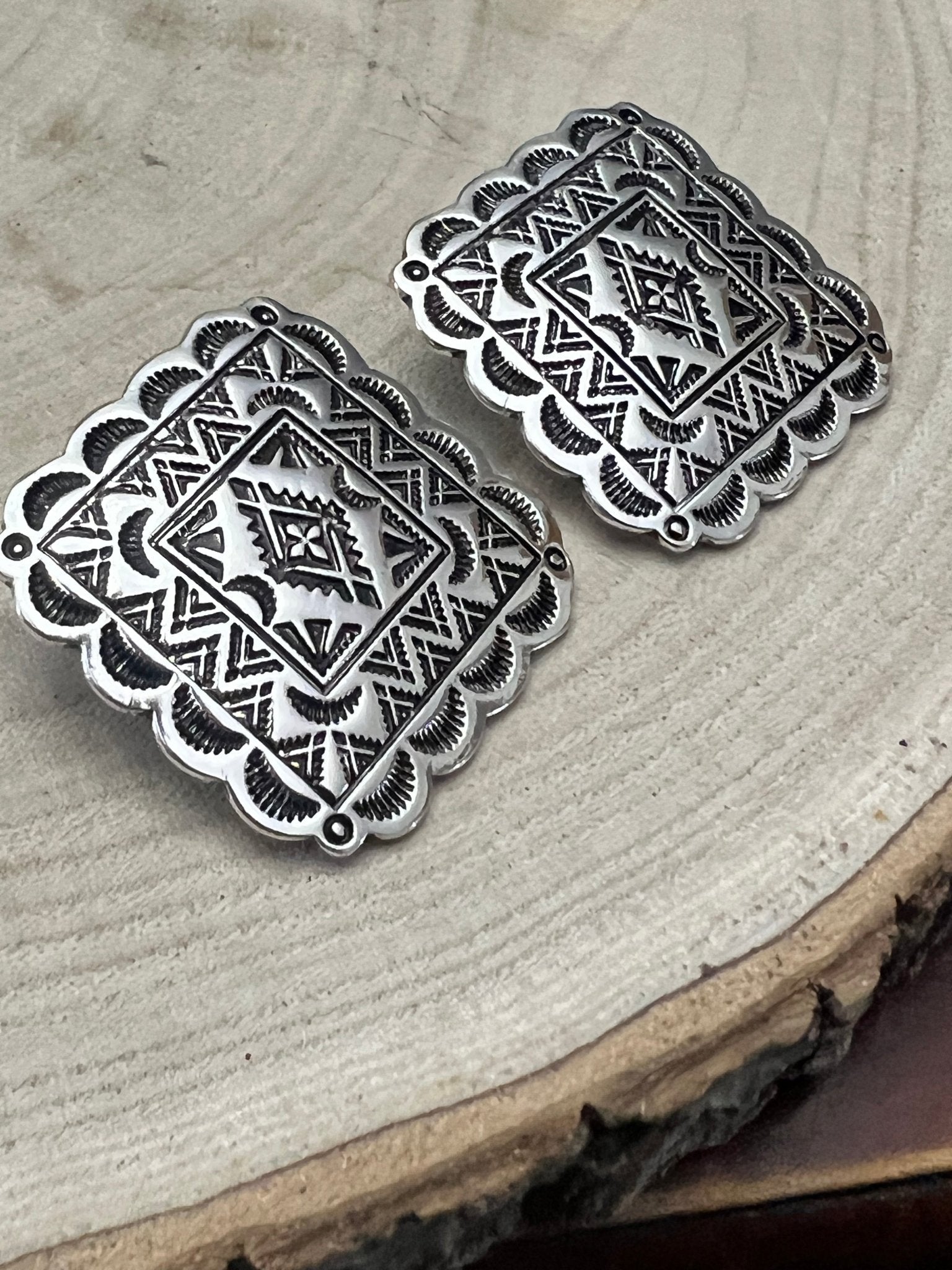 Western Square Concho Fashion Earrings — 1¼" Geometric Statement - Rooted & Reckless Co.