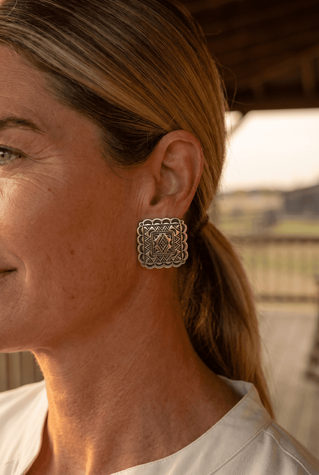 Western Square Concho Fashion Earrings — 1¼" Geometric Statement - Rooted & Reckless Co.