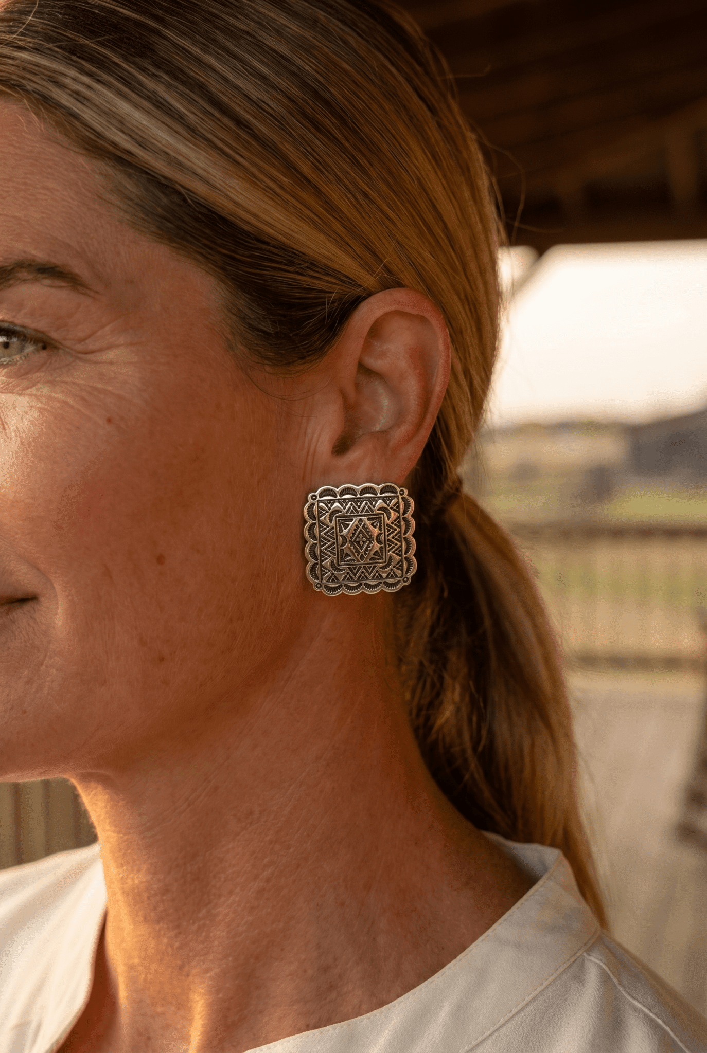 Western Square Concho Fashion Earrings — 1¼" Geometric Statement - Rooted & Reckless Co.